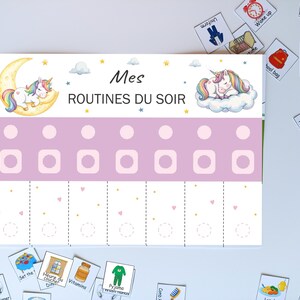 Tableau de routine du matin et du soir pour Enfants, French Morning and evening routine chart, Printable visual schedule Montessori, Unicorn