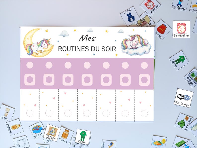 Tableau de routine du matin et du soir pour Enfants, French Morning and evening routine chart, Printable visual schedule Montessori, Unicorn