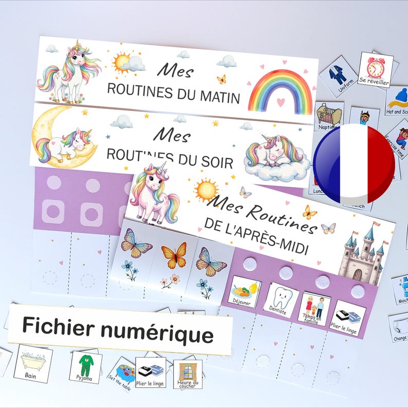 Tableau de routine du matin et du soir pour Enfants, French Morning and evening routine chart, Printable visual schedule Montessori, Unicorn