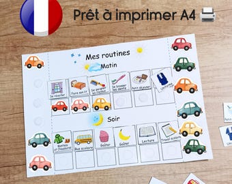 Routines visuelles imprimables pour garçons et tout-petits, Responsabilités cartes TDAH Tableau de tâches du matin soir, récompenses voiture