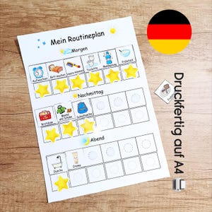 Peut inclure: Un tableau de routine blanc avec du texte et des illustrations allemands pour les tâches quotidiennes. Le tableau comprend des sections pour les activités du matin, de l'après-midi et du soir, avec des autocollants en forme d'étoile pour l'achèvement. Un drapeau allemand est dans le coin supérieur droit.