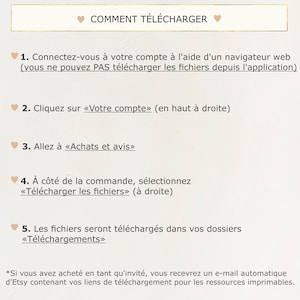 May include: A white background with text in French, including the title "COMMENT T&Eacute;L&Eacute;CHARGER". Instructions detail how to download files from Etsy, guiding users through account access, purchases, and file selection.
