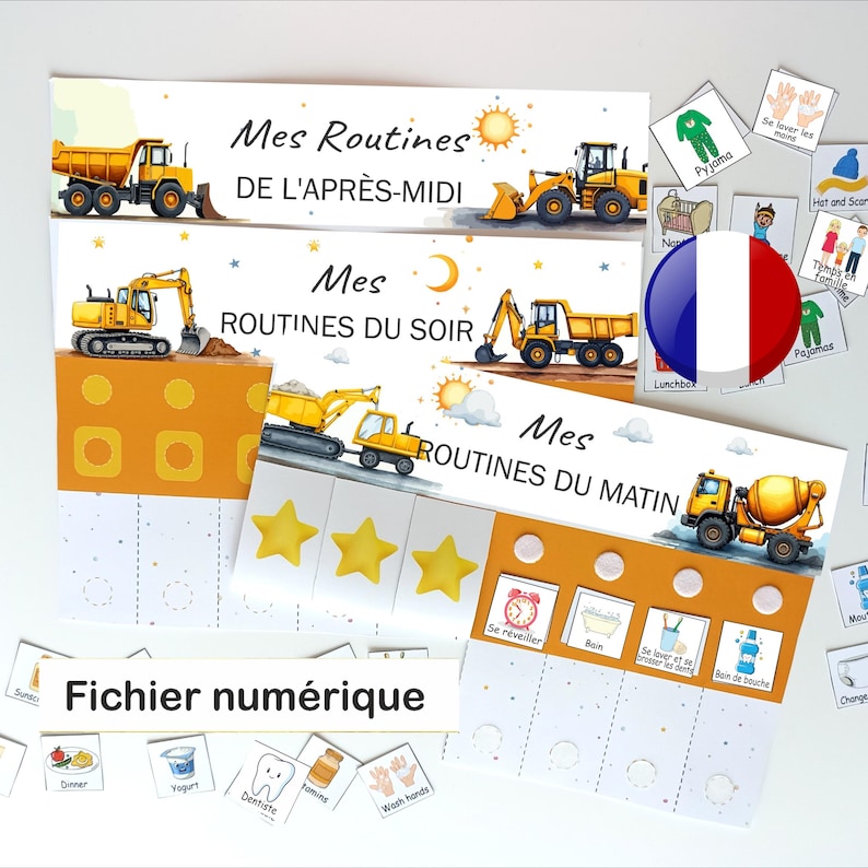 French Morning and evening routine chore chart with Truck, Printable visual schedule for kids, Tableau de routine du matin soir pour Enfants