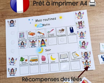 Routines visuelles imprimables  pour filles et tout-petits, Responsabilités cartes TDAH Tableau de tâches du matin soir, récompenses fées