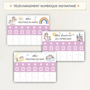Tableau de routine du matin et du soir pour Enfants, French Morning and evening routine chart, Printable visual schedule Montessori, Unicorn