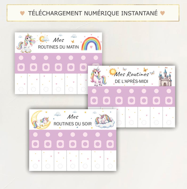Tableau de routine du matin et du soir pour Enfants, French Morning and evening routine chart, Printable visual schedule Montessori, Unicorn