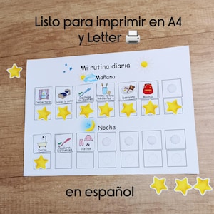 Peut inclure: Une feuille blanche avec un tableau de routine quotidienne avec des illustrations pour les activités du matin et du soir, comme se brosser les dents et s'habiller. Le texte "Mi rutina diaria" est en haut, avec "Mañana" et "Noche" en dessous. Des autocollants en forme d'étoiles jaunes sont éparpillés.