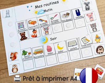 Tableau of tachesImprimable für Kinder und alle kleinen TDAH: visuelle Routine für die Verantwortung und die Belohnung von Tieren, die Routine bei der Matin soir sind
