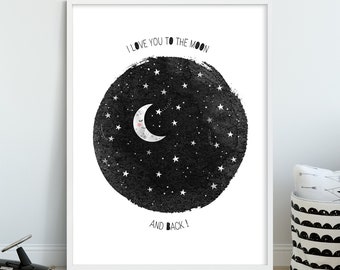 Ik hou van je tot de maan en terug, maankwekerijprint, kinderkamer in de ruimte, babykamer ruimte, zwart-wit kinderkamer, kinderkamer ruimtethema