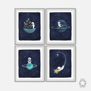 Set of 4 astronaut space themed nursery decor prints, moon and stars, starry night wall art, navy blue outer space kids digital download