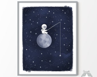 Arte de pared de vivero con temática espacial, noche estrellada imprimible, decoración de vivero azul marino, impresión celestial del espacio exterior, cartel de astronauta, luna y estrellas