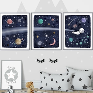 Juego de 3 láminas de decoración infantil con temática espacial, bonito póster con retrato de astronauta en el espacio exterior, habitación infantil con luna celestial y estrellas, descarga digital