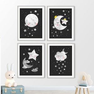 Moon and stars print,space nursery,set of 4 printable wall art,space themed nursery,space baby nursery, outer space decor,monochrome nursery