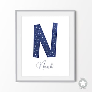 Decoración de guardería con temática espacial, letrero personalizado con nombre, impresión de noche estrellada celestial en el espacio exterior, arte de pared de estrellas imprimible para habitación de niños