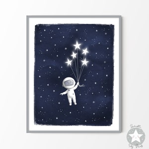 Impresión de decoración de guardería con temática espacial de astronauta, arte de pared imprimible en el espacio exterior de la habitación para niños, descarga decorativa de luna y estrellas de acuarela azul marino