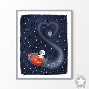 Astronaut Weltraum Poster Druck, Weltraum Rakete Druckbare Wandkunst, Mond und Sterne Kinderzimmer Poster, Marine Blau Aquarell