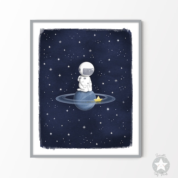 Space themed astronaut nursery print, navy blue moon and stars decor, celestial outer space watercolor art work, starry night painting,