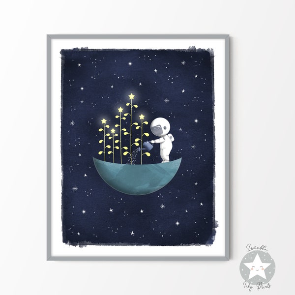 Astronaut space themed nursery decor print, celestial outer space printable poster, navy blue kids watercolor wall art, moon stars flowers