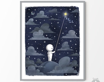 May include: A white astronaut character standing on a blue planet, holding a string attached to a yellow star in a dark blue night sky with white clouds and stars.