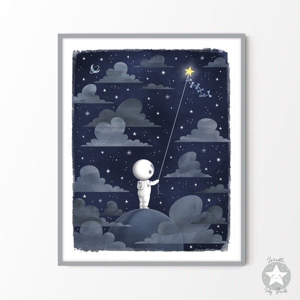 Astronaut space themed nursery decor, kids room outer space wall art print, celestial digital printables,  watercolor navy moon and stars