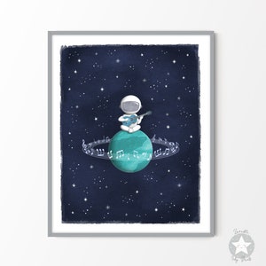 Astronaut space themed nursery decor print, moon and stars, navy blue watercolor starry night wall art, outer space kids digital download