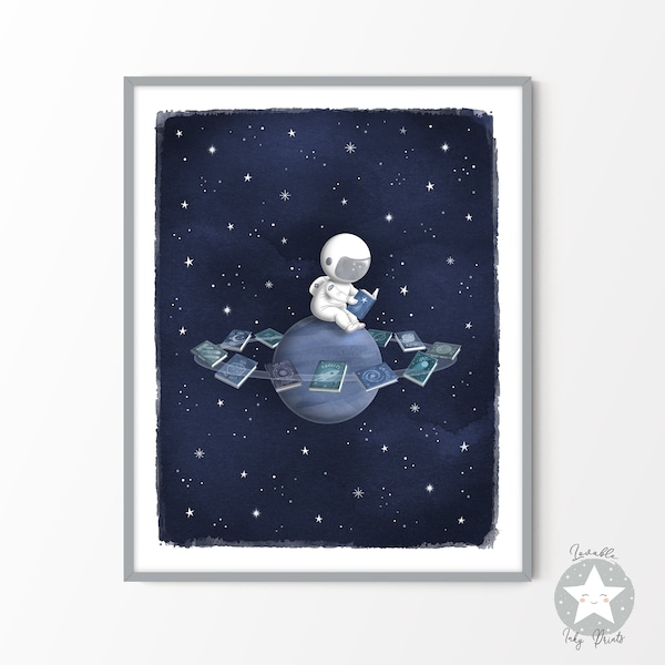 Astronaut space themed nursery decor print, kids room outer space wall art, printable moon and stars, navy blue watercolor digital download