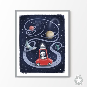 Decoración de arte de pared de guardería espacial, imágenes de astronautas bebés, impresiones de habitaciones para niños del espacio exterior, descarga digital imprimible de luna y estrellas de acuarela azul marino