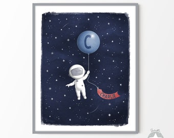 Astronaut space themed nursery decor, personalised custom name outer space celestial starry night print, kids room printable stars wall art