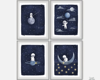 Set of 4 astronaut space themed nursery decor prints, moon and stars, navy blue starry night wall art, outer space kids digital download