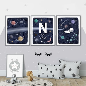 Conjunto de 3 impresiones personalizadas de decoración de guardería con temática espacial, carteles del espacio exterior de astronautas, luna celestial y estrellas habitación para niños Descarga digital