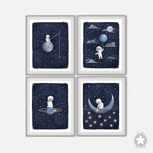 Set of 4 astronaut space themed nursery decor prints, moon and stars, navy blue starry night wall art, outer space kids digital download