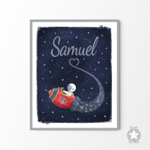 Decoración personalizada de la guardería con temática espacial de astronautas, arte de pared de estrellas imprimibles de la habitación para niños, impresión de noche estrellada celestial del espacio exterior con nombre personalizado