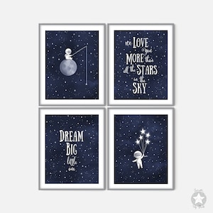 Set von 4 Astronauten Weltraum-Themen Kinderzimmerdrucke, Mond und Sterne Kunstwerk, himmlisches Weltraum, Sternenklare Nacht Malerei, marineblaue Aquarellfarbe