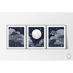 Conjunto de 3 impresiones de decoración de guardería con temática espacial, luna de acuarela azul marino, obras de arte de nubes y estrellas, descarga digital imprimible en el espacio exterior de la habitación para niños
