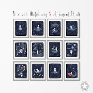 Juego de 8 impresiones de decoración infantil con temática espacial de astronautas, pósteres de acuarela de estrellas y luna celestial, arte de pared de noche estrellada para habitación infantil.
