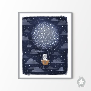 Space themed nursery decor print, astronaut kids room watercolor artwork, outer space wall art poster, starry balloon printable download