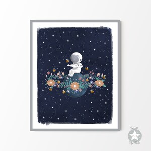 Impresión de decoración de guardería con temática espacial de astronautas, arte de pared del espacio exterior de la habitación para niños, luna y estrellas imprimibles, descarga digital de acuarela celestial