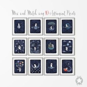 Juego de 10 láminas para decoración de guardería con temática espacial de astronautas, pósteres de acuarela de estrellas y luna celestial, arte de pared de noche estrellada para habitación infantil.