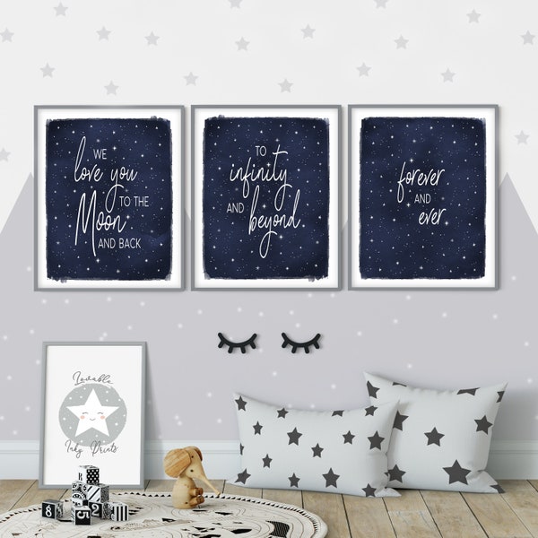Set of 3 space themed nursery decor prints, outer space poster quotes, Celestial moon and stars kids room Printable Digital Download art