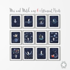 Juego de 6 impresiones de decoración infantil con temática espacial de astronautas, pósteres de acuarela de estrellas y luna celestial, arte de pared de noche estrellada para habitación infantil.