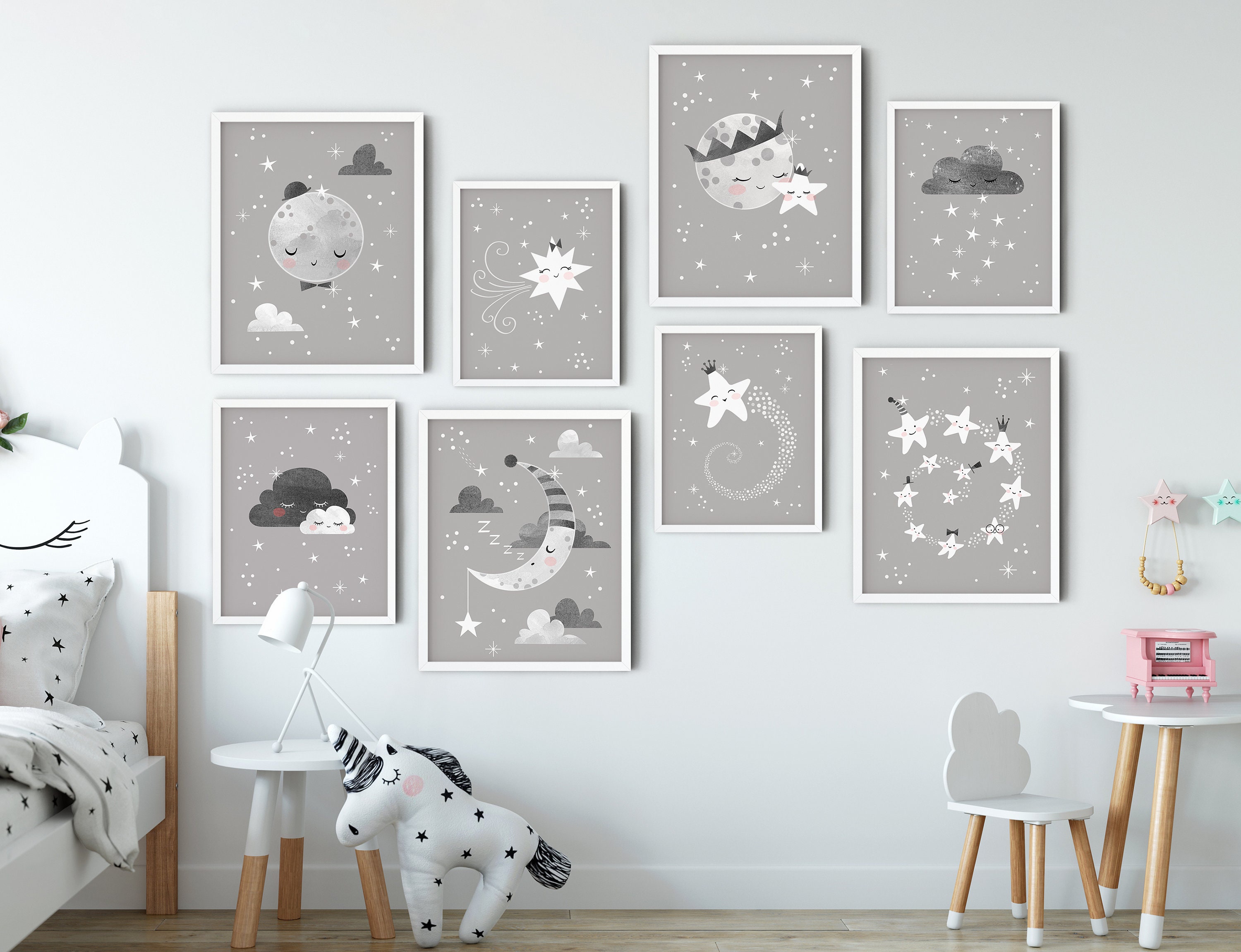 Set of 8 Cloud Moon and Star Nursery Prints Space Nursery Etsy UK