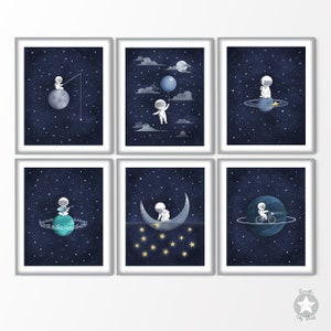 Set von 6 Astronauten Weltraum-Themen Kinderzimmer Dekor Drucke, Kinderzimmer Weltraum druckbare Wandkunst, dunkelblauen Aquarell Mond und Sterne Download