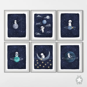 Set of 6 astronaut space themed nursery decor prints, navy blue moon and stars watercolor wall art outer space starry night DIGITAL DOWNLOAD