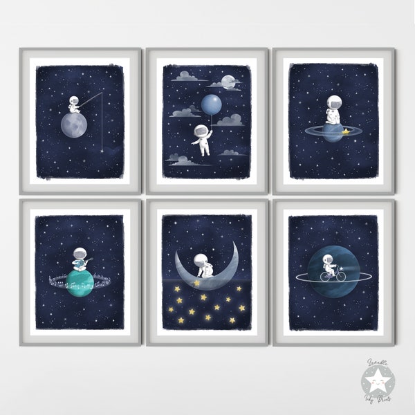 Lot de 6 impressions de décoration de chambre d'enfant sur le thème de l'espace, lune bleu marine et étoiles aquarelle art mural nuit étoilée TÉLÉCHARGEMENT NUMÉRIQUE