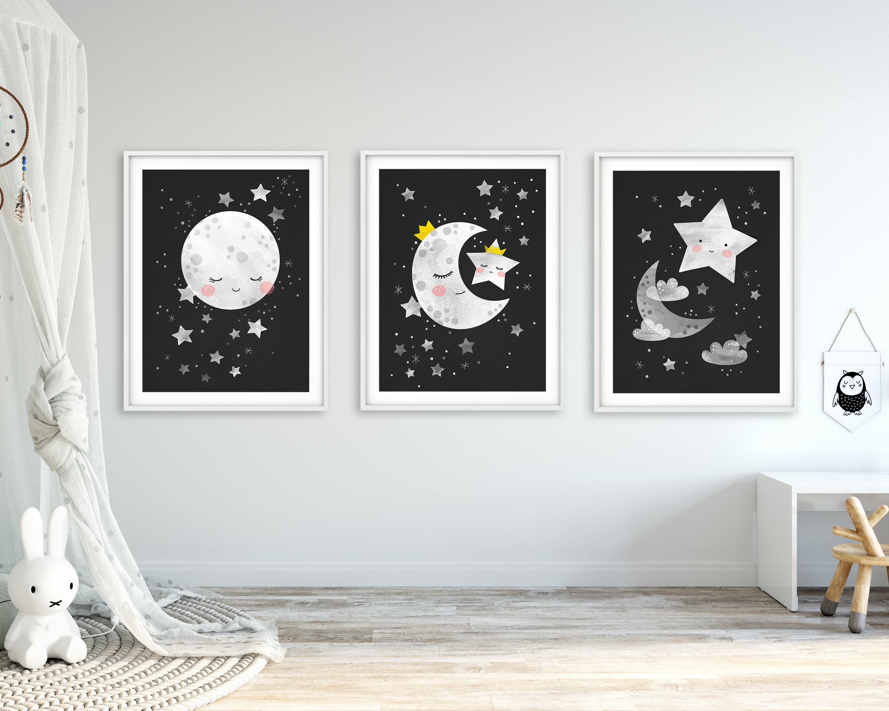 Moon Nursery Print Set of 3 Prints. Monochrome Nursery - Etsy