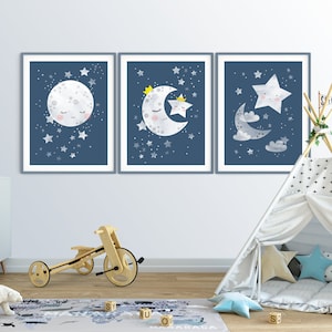 moon stars nursery, moon and stars nursery decor, space nursery decor, Moon nursery print, celestial nursery, space nursery, navy nursery