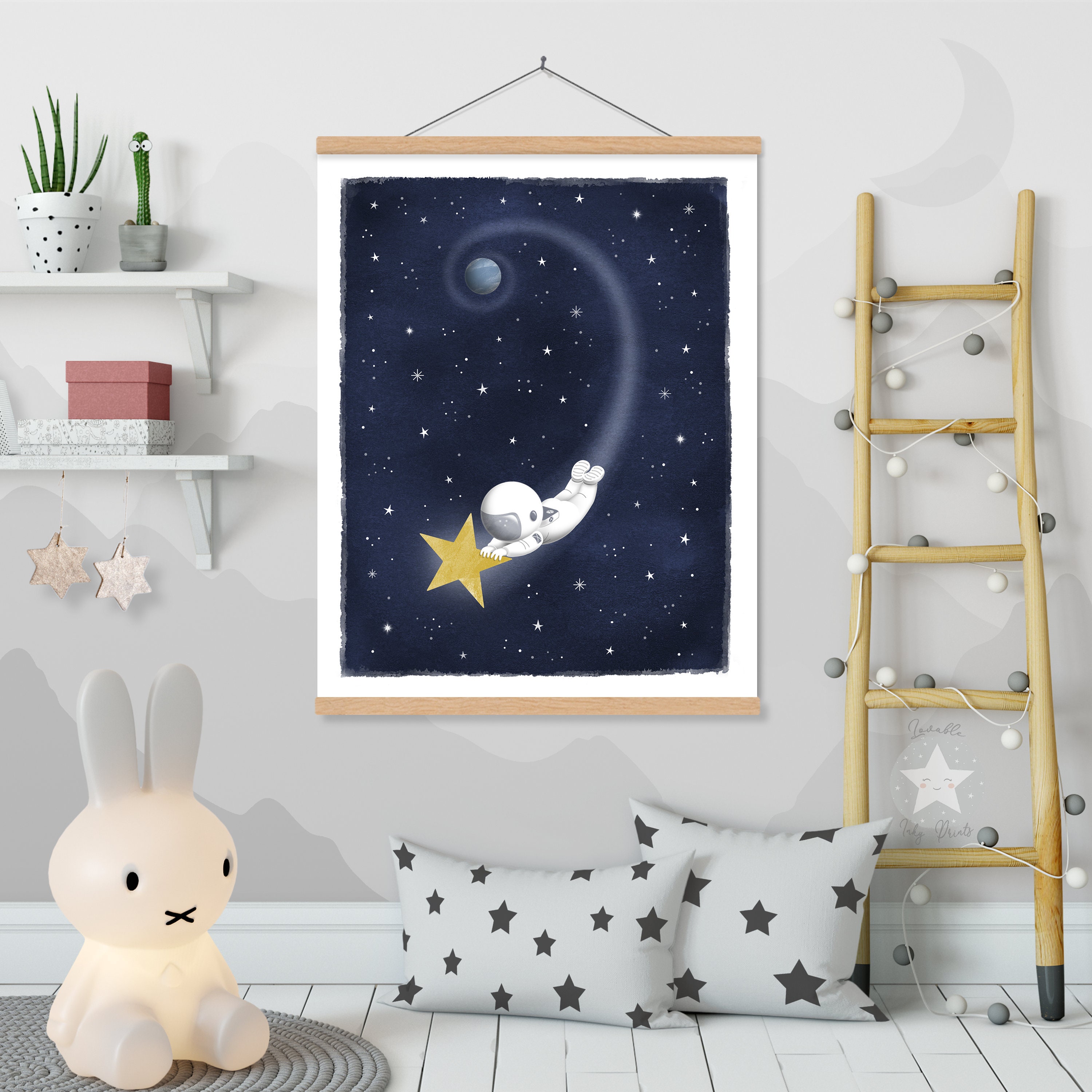 Astronaut Space Themed Nursery Wall Decor, Moon and Stars Print, Navy ...