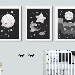 Moon nursery print, space nursery, monochrome nursery, space baby nursery, star nursery decor, moon and stars print, outer space nursery