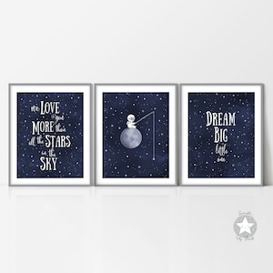 3er Set Aquarell Weltall Poster, sternenklare Nacht Malerei, dunkelblaues Wasserfarben Poster, himmlischer Mond und Sterne, Astronauten Kunst