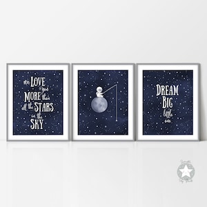 Set of 3 space themed nursery prints, starry night painting, navy blue watercolor poster, celestial outer space moon and stars,astronaut art